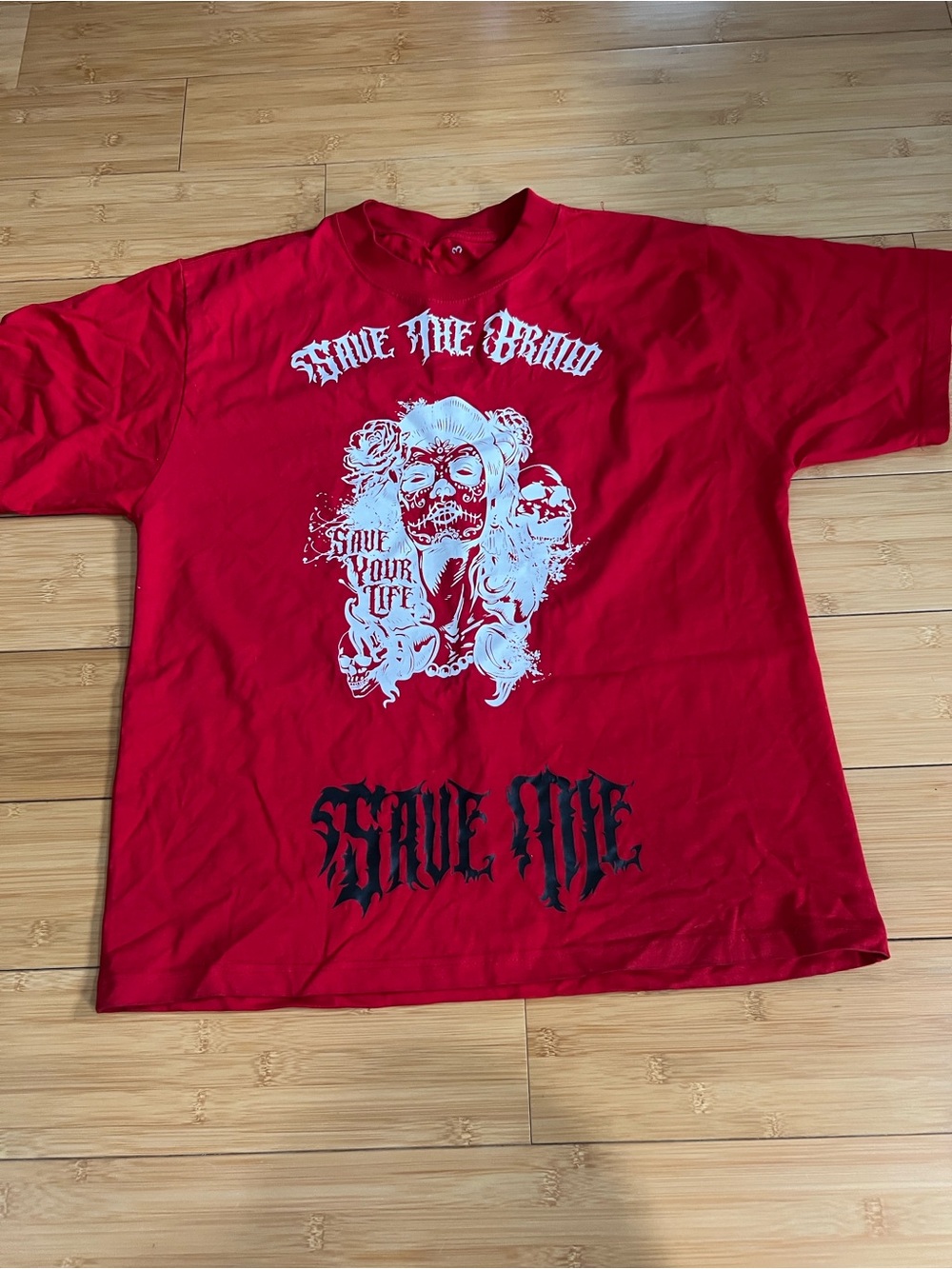 Save The Brand Save Your Life Save Me Red Graphic Tee Gothic Text Skulls XL 24"